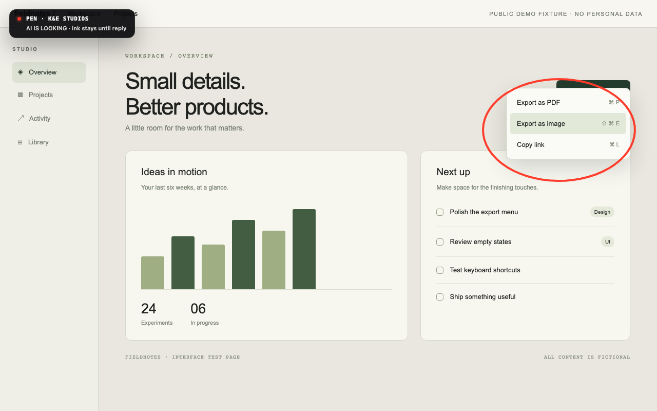 KE Pen's actual red ink circles the export menu of a fictional workspace.